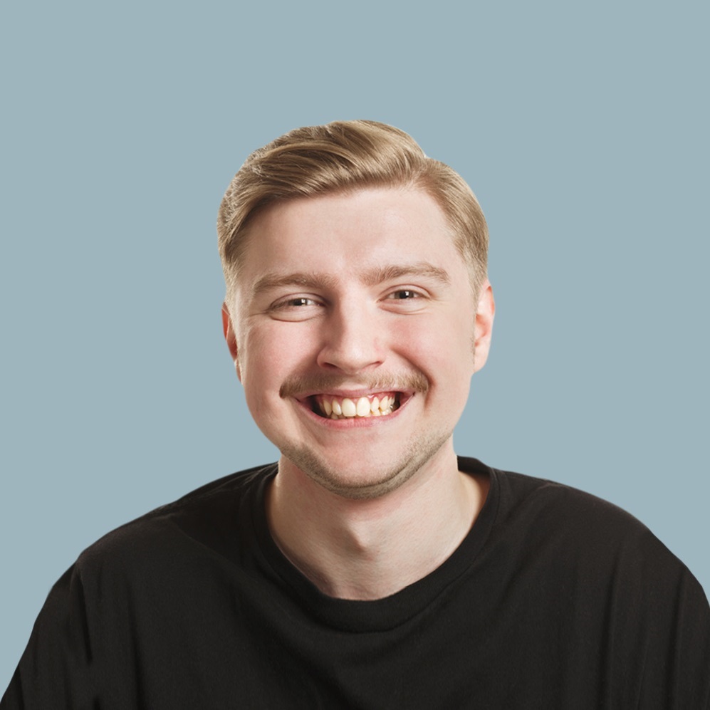 Atenta_Collage of millennial people portraits with smiling faces, blue backgrounds